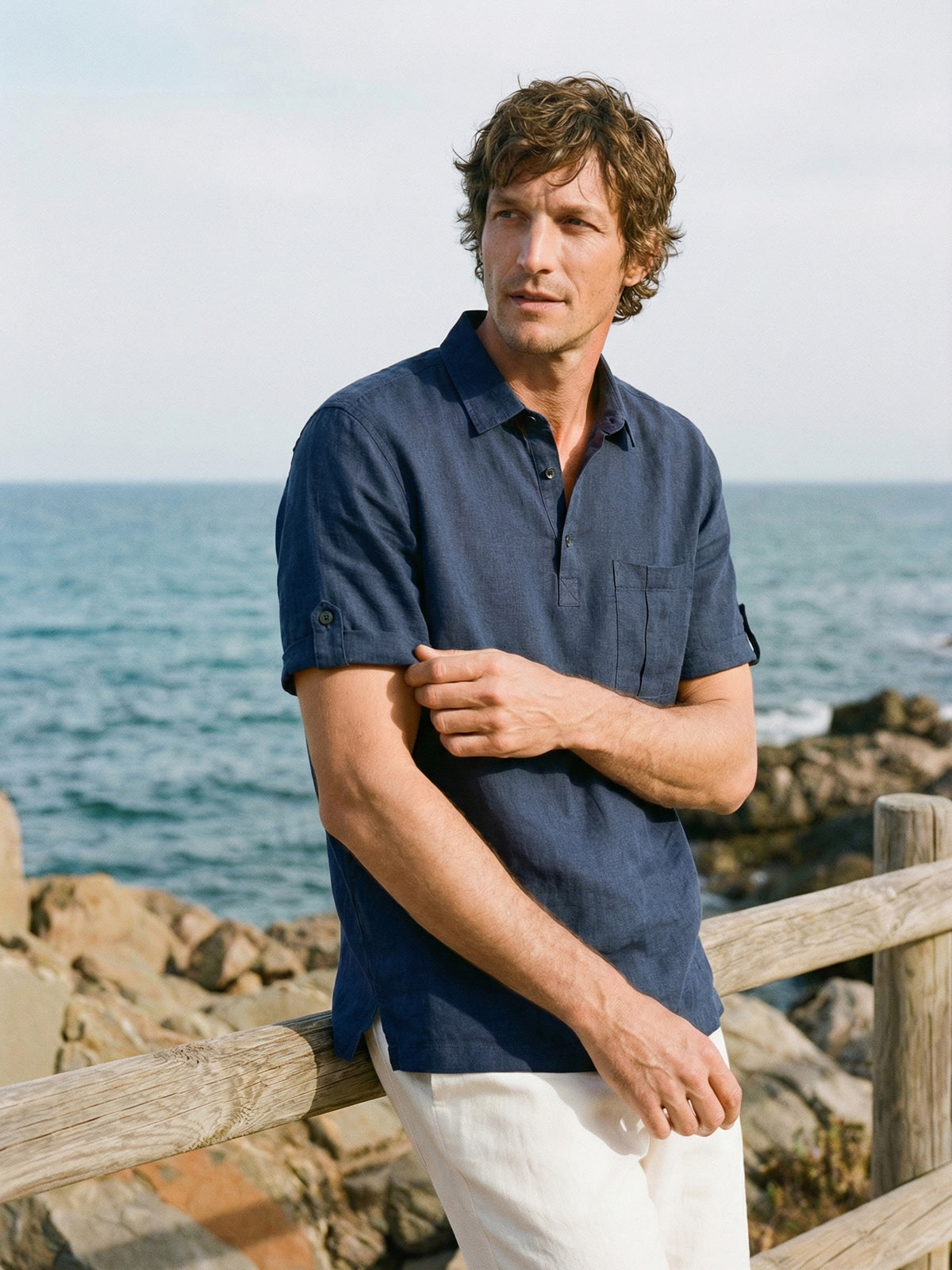 100% Linen Polo-Collar Short-Sleeve Shirt FREDERICK