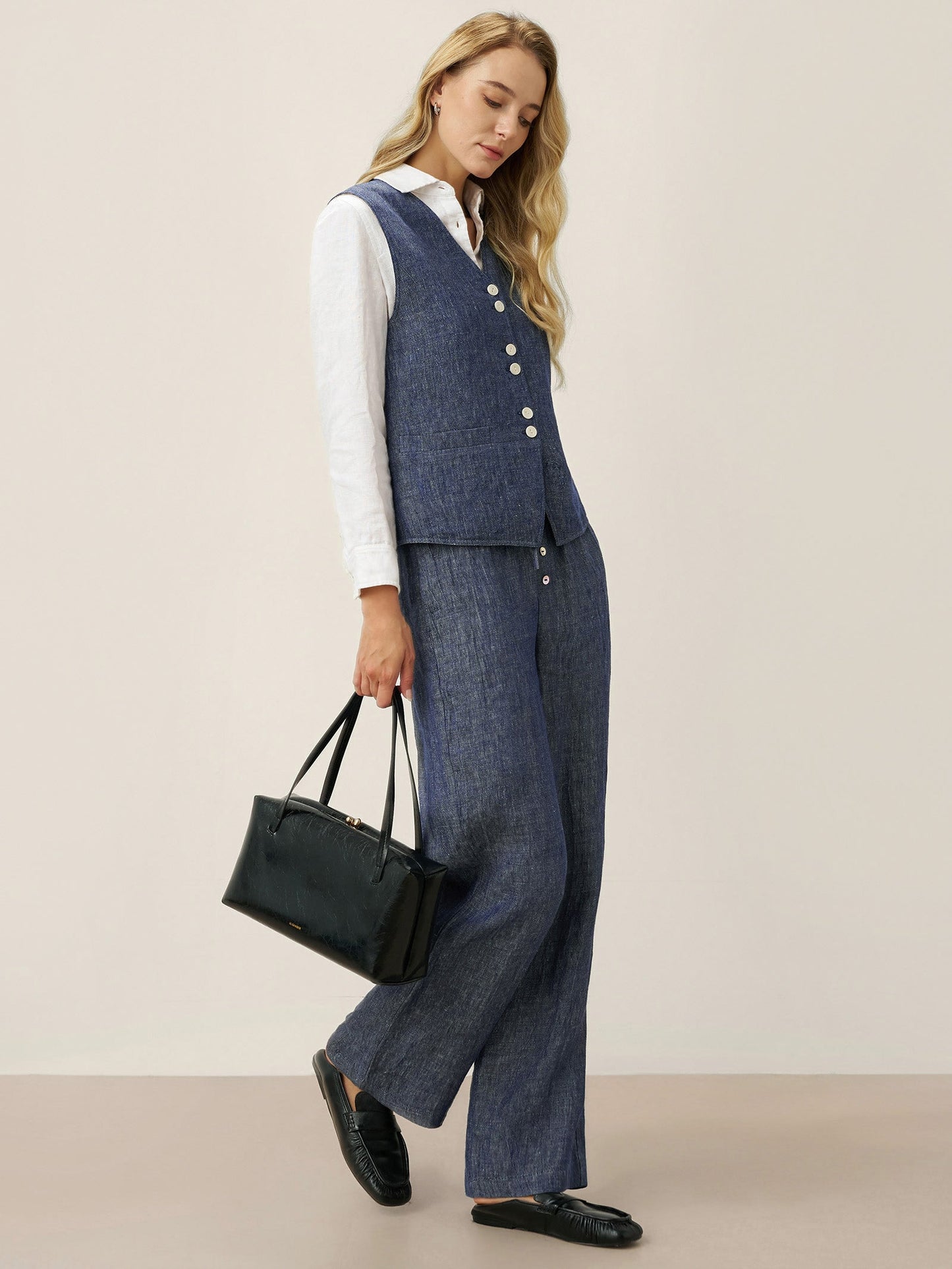 100% Linen Reversible Denim Texture Button Front Vest HARPER