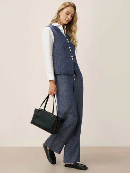 100% Linen Reversible Denim Texture Button Front Vest HARPER