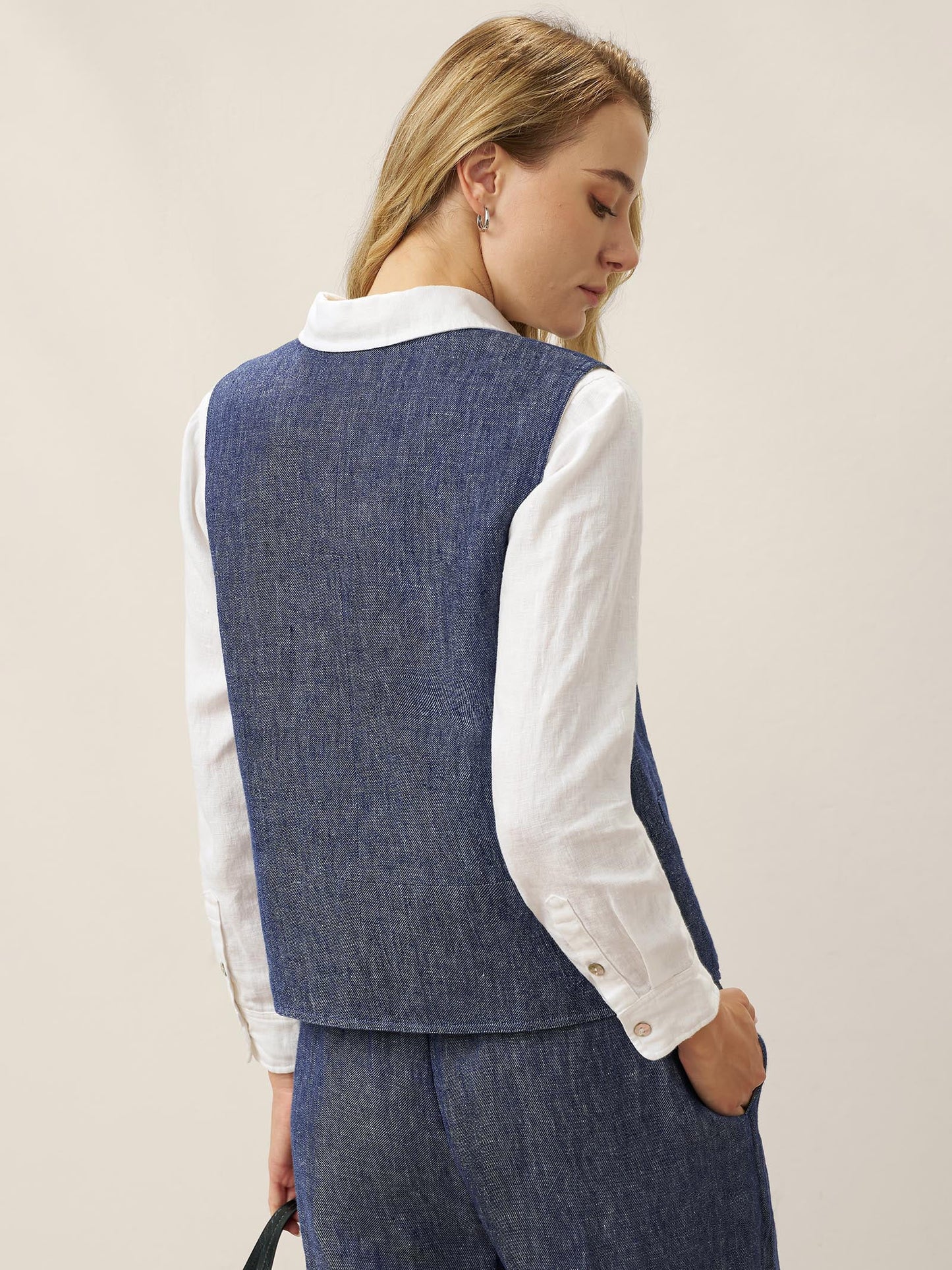100% Linen Reversible Denim Texture Button Front Vest HARPER