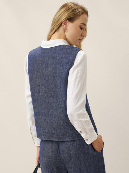 100% Linen Reversible Denim Texture Button Front Vest HARPER