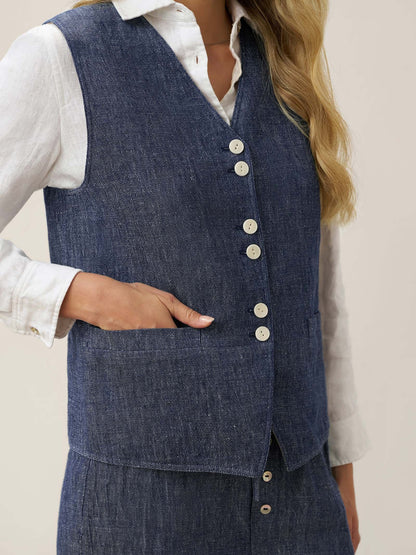 100% Linen Reversible Denim Texture Button Front Vest HARPER