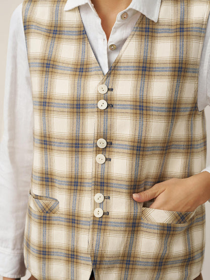 100% Linen Reversible Denim Texture Button Front Vest HARPER