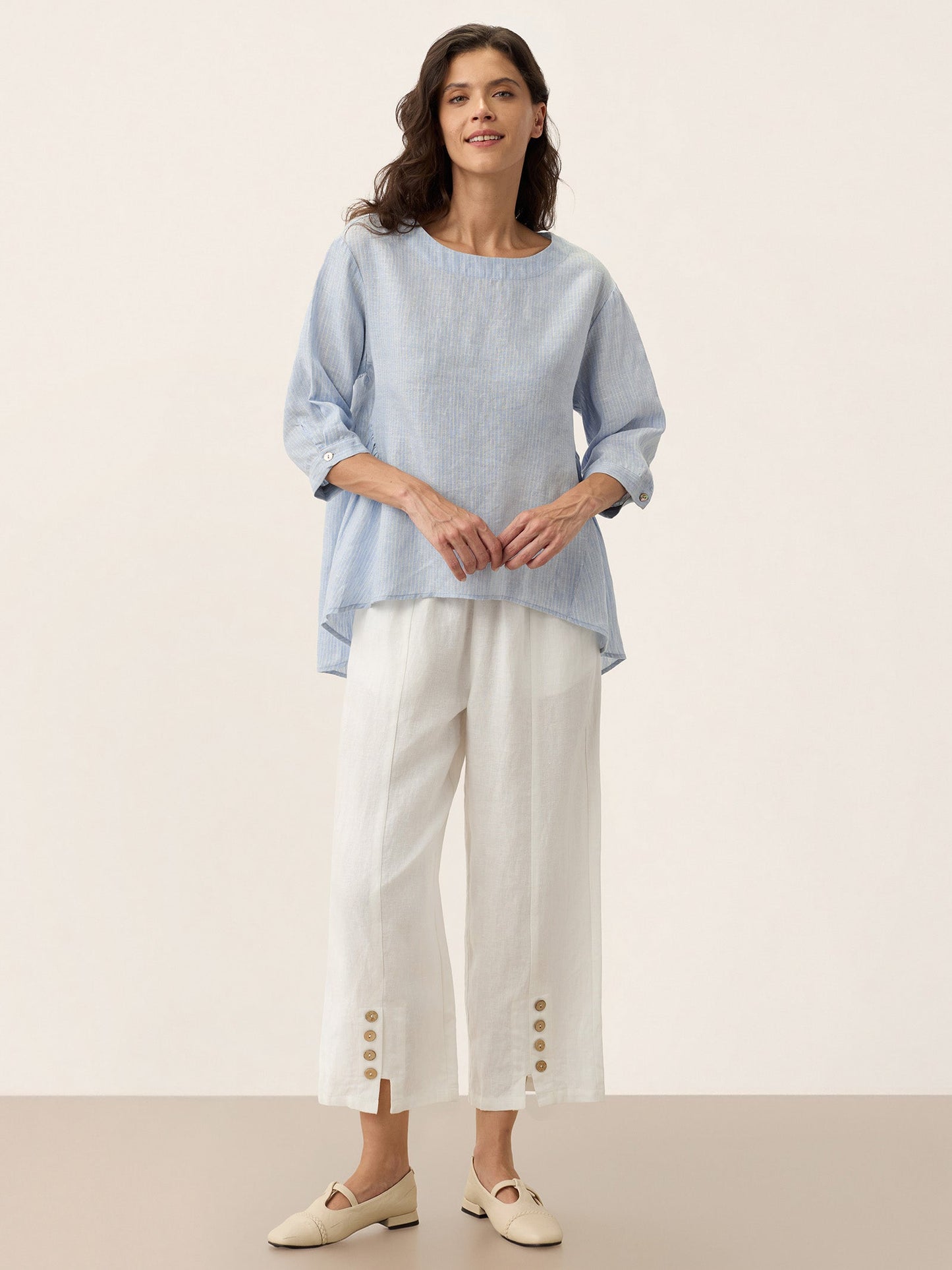 100% Linen Round Neck Artistic Stripe Top FLORENCE