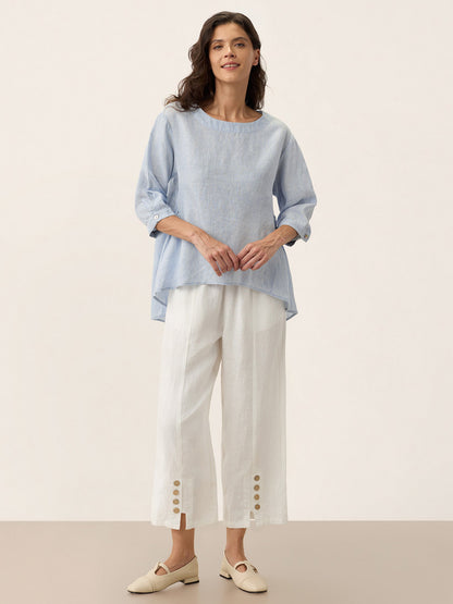 100% Linen Round Neck Artistic Stripe Top FLORENCE