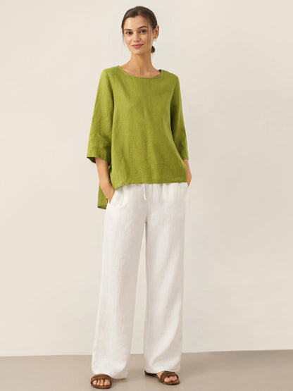 100% Linen Round Neck Asymmetrical Hem Top BRIANNA