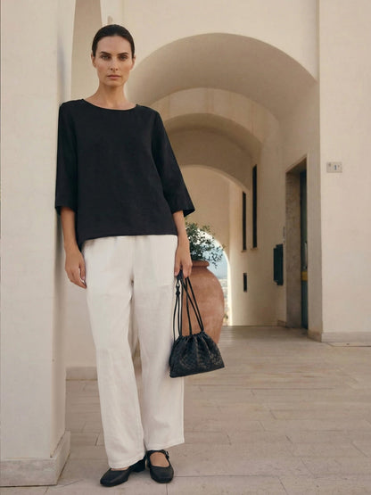 100% Linen Round Neck Asymmetrical Hem Top BRIANNA
