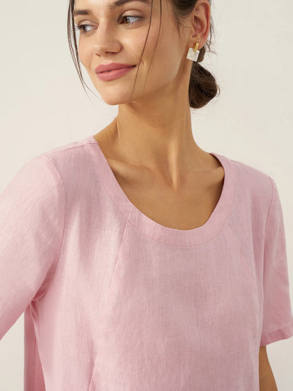100% Linen Round Neck Patch Pocket Midi Dress XENA