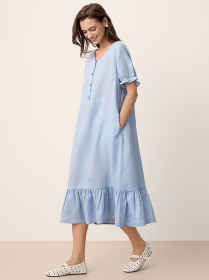 100% Linen Ruffle-Trim Belted Midi Dress LIVARA