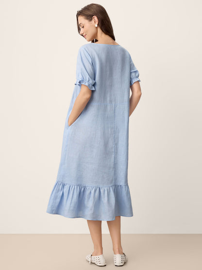100% Linen Ruffle-Trim Belted Midi Dress LIVARA