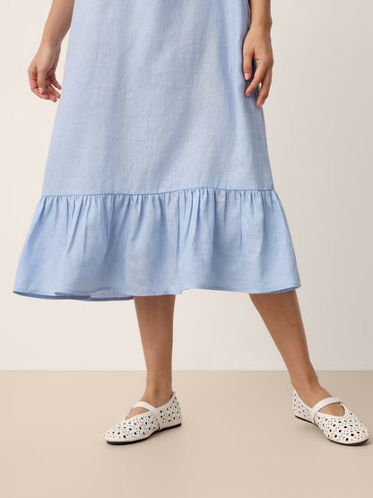 100% Linen Ruffle-Trim Belted Midi Dress LIVARA