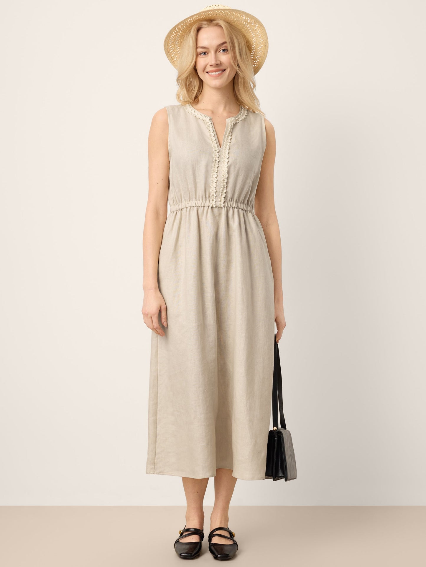 100% Linen Ruffle Trim Elasticated Waist Sleeveless Midi Dress LUCINDA