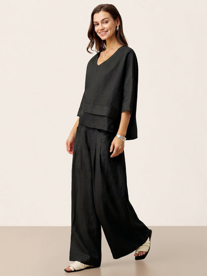 100% Linen Sculpted Pleat Elasticated Back Relaxed Pants VERIDIANA