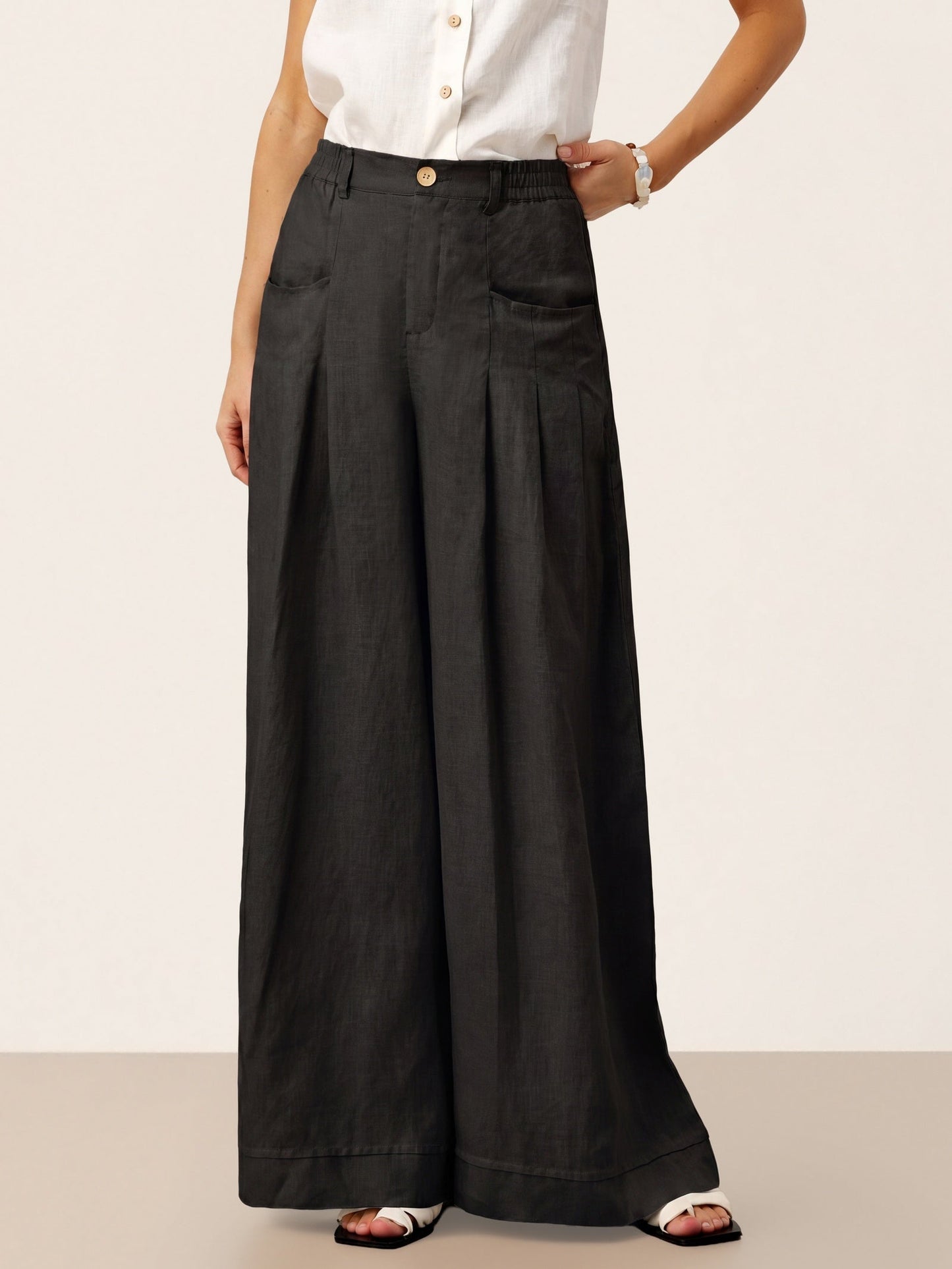 100% Linen Sculpted Pleat Elasticated Back Relaxed Pants VERIDIANA