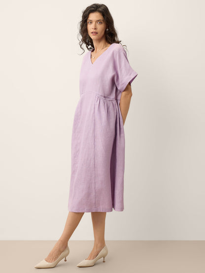 100% Linen Sculpted Waist Batwing Midi Dress TIVIA