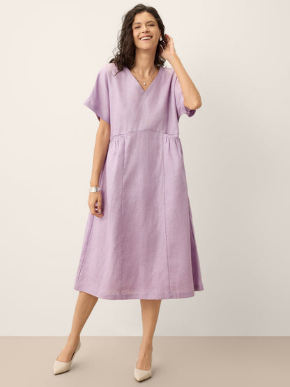 100% Linen Sculpted Waist Batwing Midi Dress TIVIA