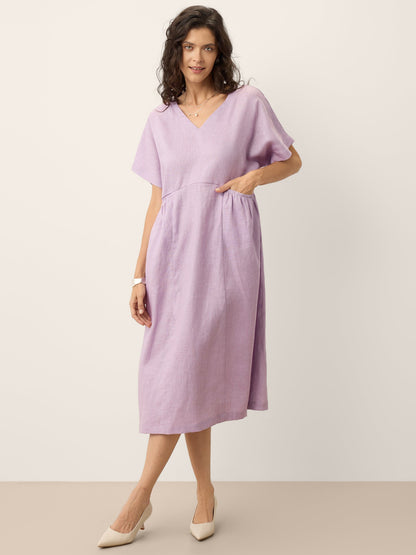 100% Linen Sculpted Waist Batwing Midi Dress TIVIA