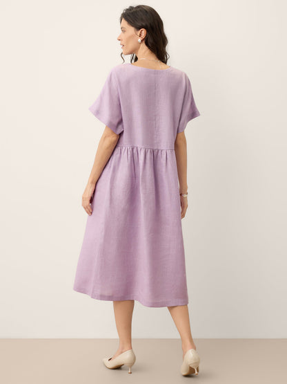 100% Linen Sculpted Waist Batwing Midi Dress TIVIA