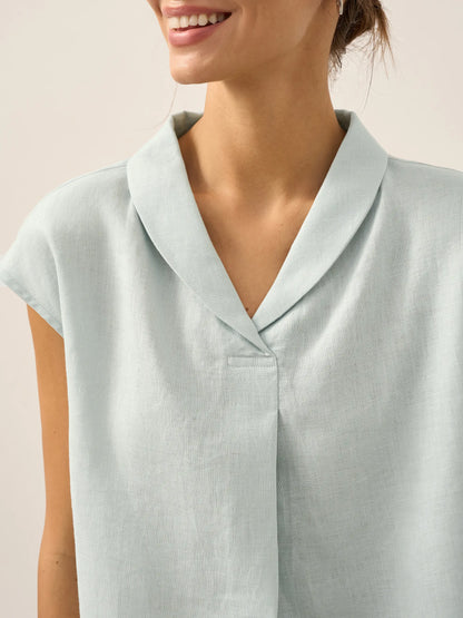 100% Linen Shawl V-Neck Cap Sleeves Top ELARA