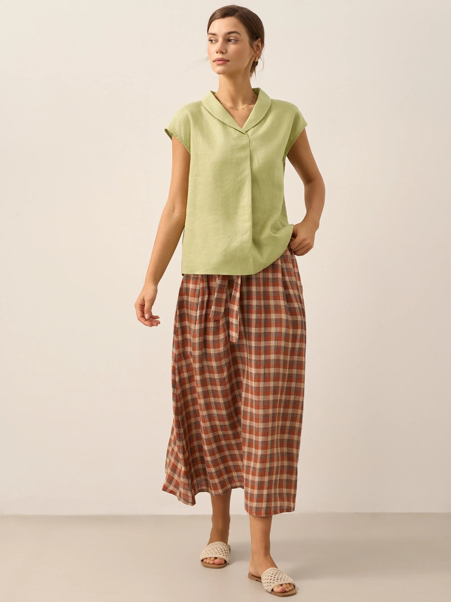 100% Linen Shawl V-Neck Cap Sleeves Top ELARA