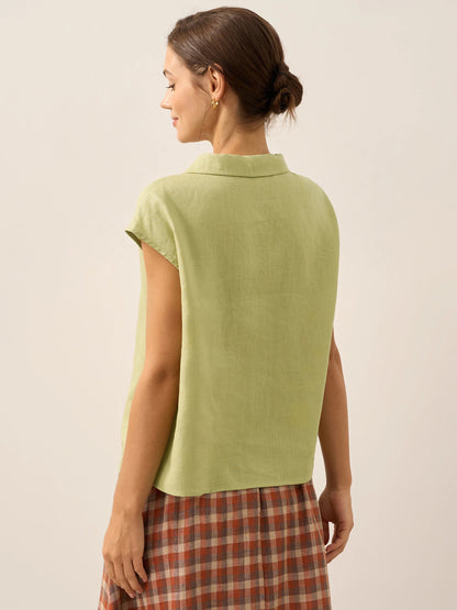 100% Linen Shawl V-Neck Cap Sleeves Top ELARA