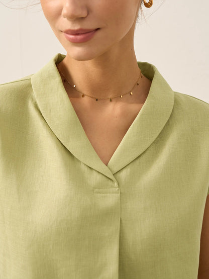 100% Linen Shawl V-Neck Cap Sleeves Top ELARA