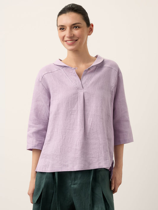 100% Linen Shawl V-Neck Half Sleeve Top JADE
