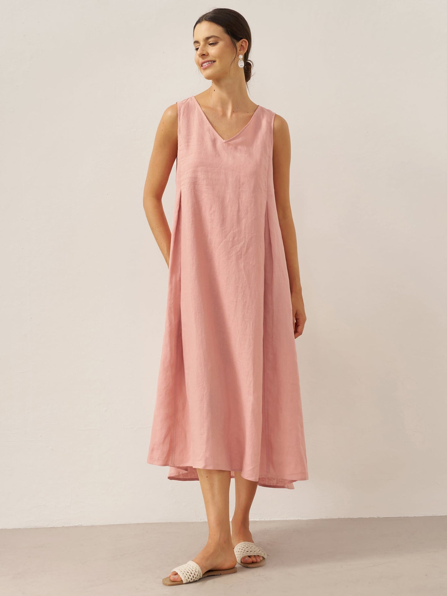 100% Linen Sleeveless A-Line Midi Dress TARA