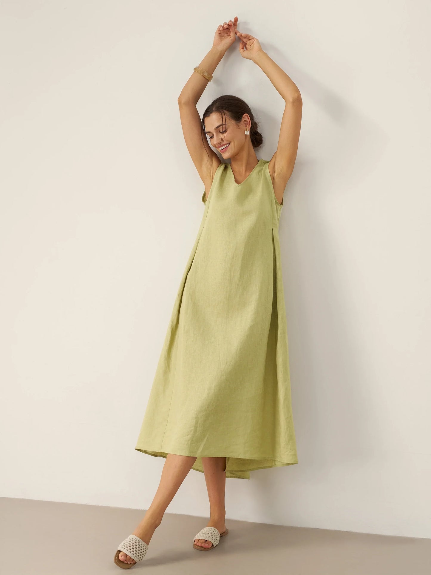 100% Linen Sleeveless A-Line Midi Dress TARA