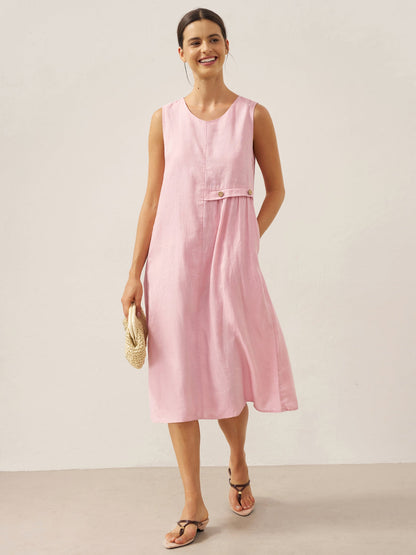 100% Linen Sleeveless Accordion Pleat Midi Dress TINA