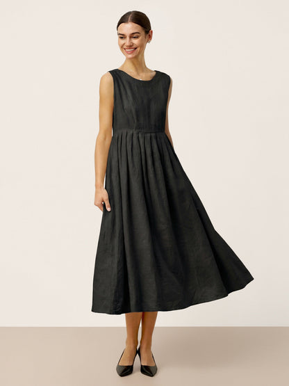 100% Linen Sleeveless Crew Neck Waist Pleated Midi Dress SELENE