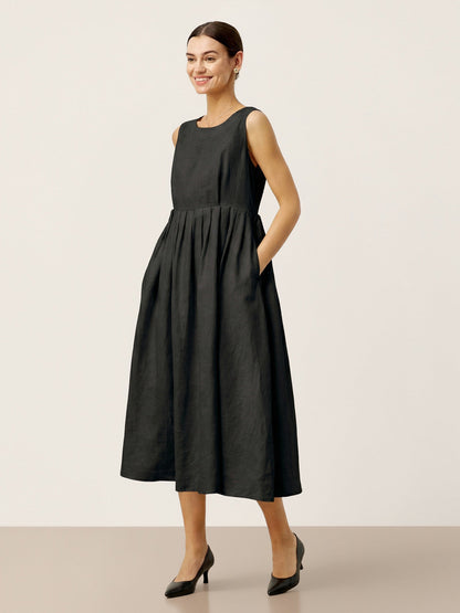 100% Linen Sleeveless Crew Neck Waist Pleated Midi Dress SELENE