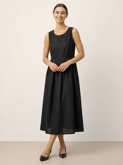 100% Linen Sleeveless Crew Neck Waist Pleated Midi Dress SELENE