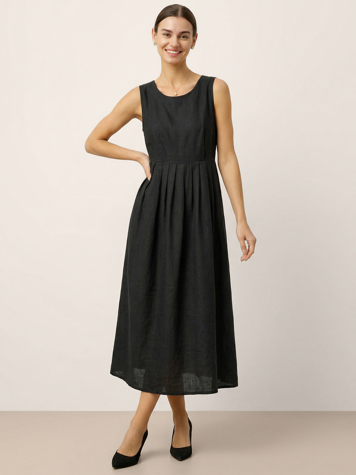 100% Linen Sleeveless Crew Neck Waist Pleated Midi Dress SELENE