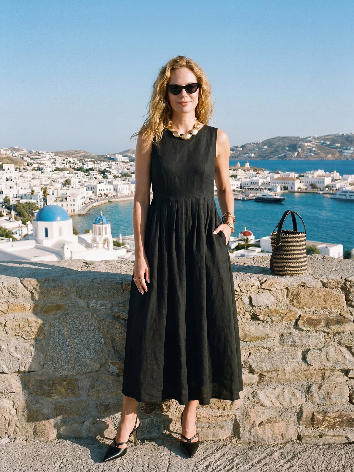 100% Linen Sleeveless Crew Neck Waist Pleated Midi Dress SELENE