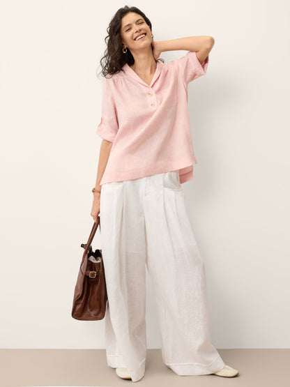 100% Linen Soft Collar Tab Sleeve Top OLGA