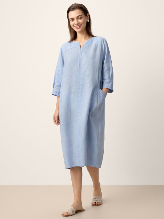 100% Linen Split-Neck Patch-Pocket Mini Dress KALINA