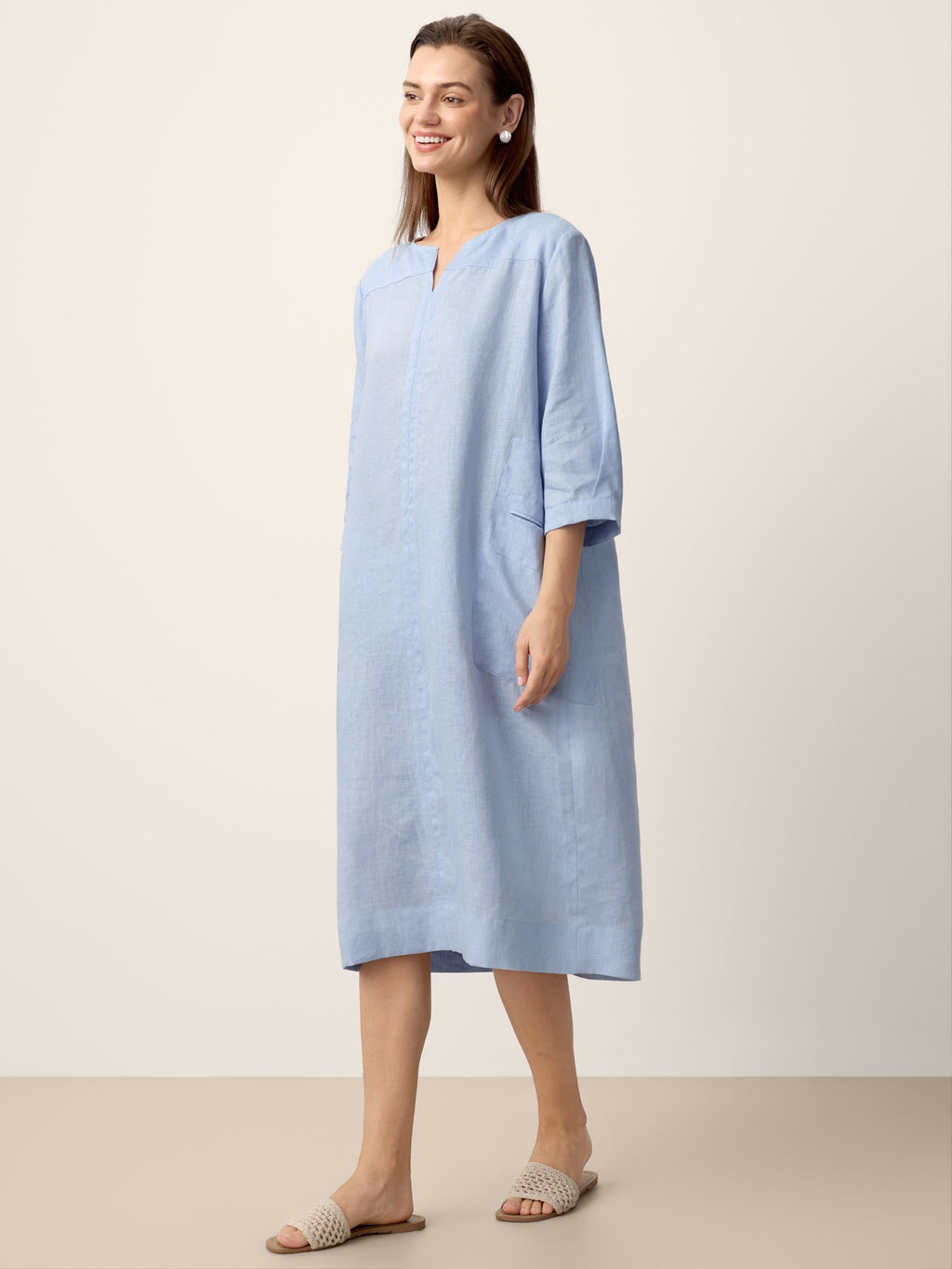 100% Linen Split-Neck Patch-Pocket Mini Dress KALINA