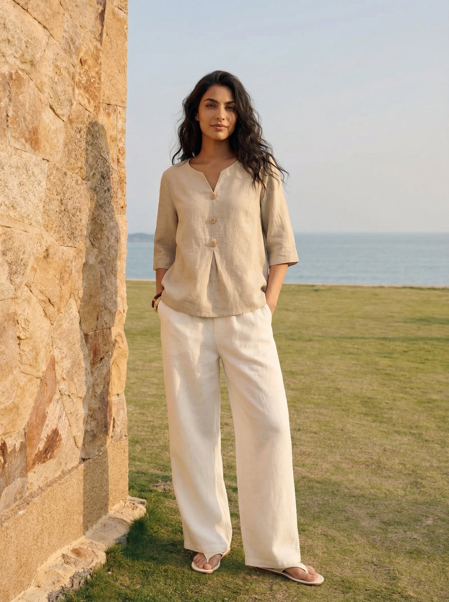 100% Linen Split Neck Inverted Pleat Top TABITHA
