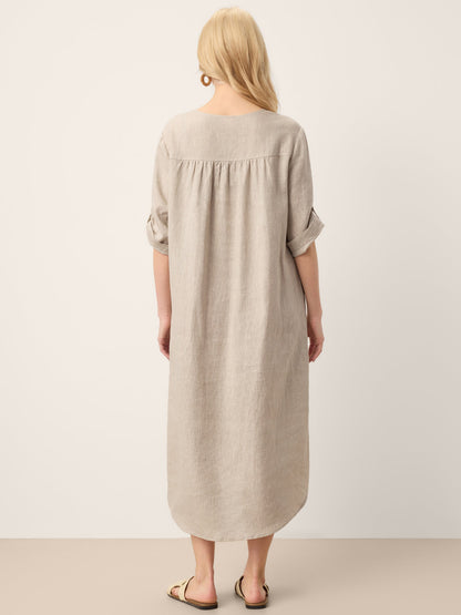 100% Linen Stand Collar V-Slit Tab Sleeve Midi Dress LEORA