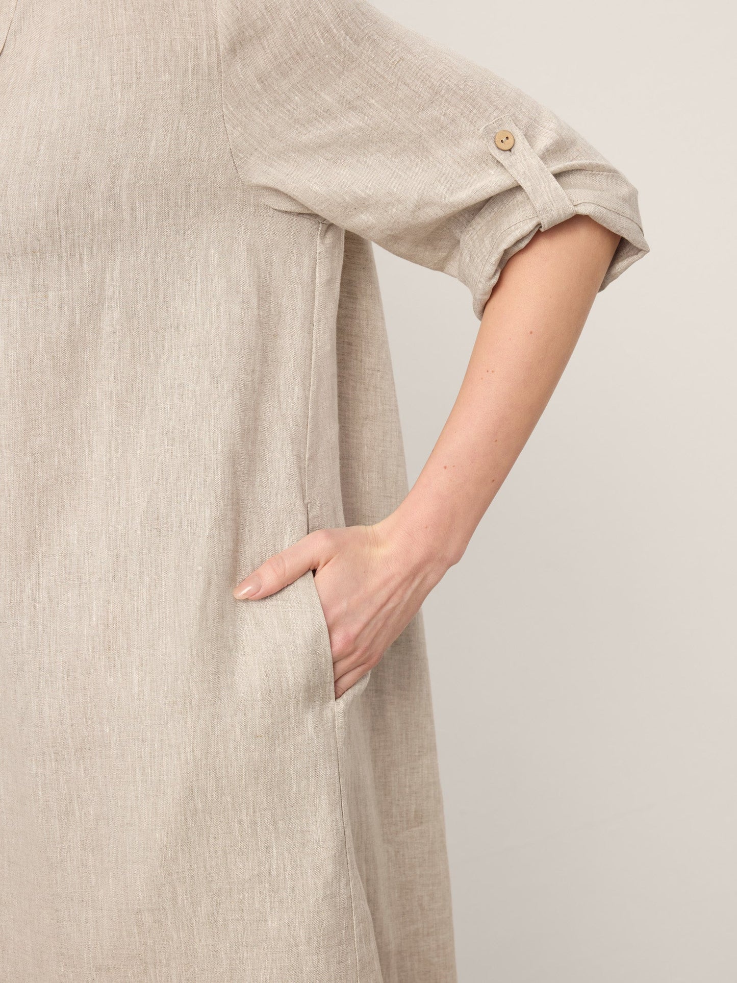100% Linen Stand Collar V-Slit Tab Sleeve Midi Dress LEORA