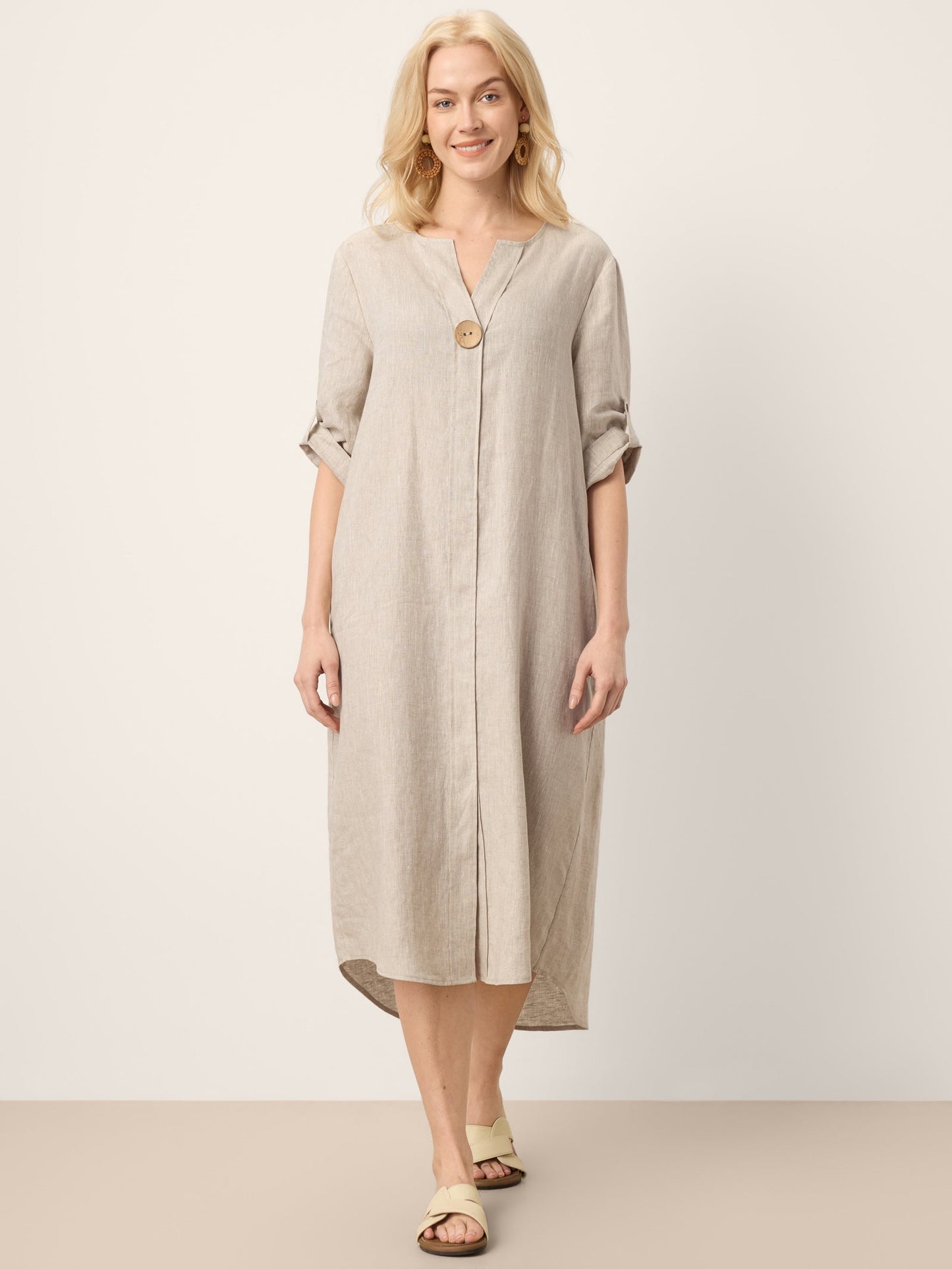100% Linen Stand Collar V-Slit Tab Sleeve Midi Dress LEORA
