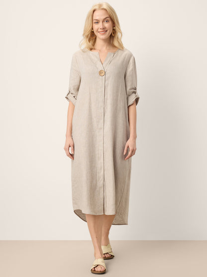 100% Linen Stand Collar V-Slit Tab Sleeve Midi Dress LEORA
