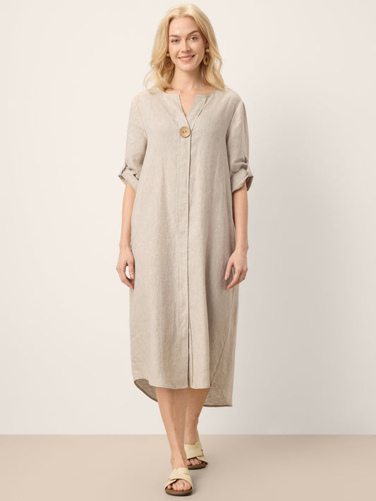 100% Linen Stand Collar V-Slit Tab Sleeve Midi Dress LEORA