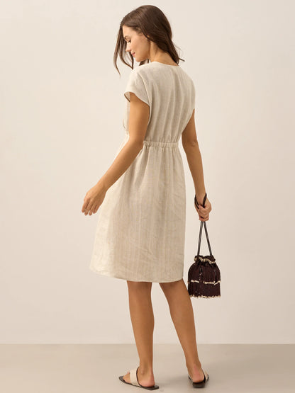 100% Linen Striped Elastic-Waist Mini Dress ARIA