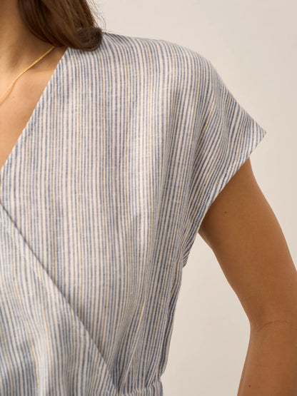 100% Linen Striped Elastic-Waist Mini Dress ARIA