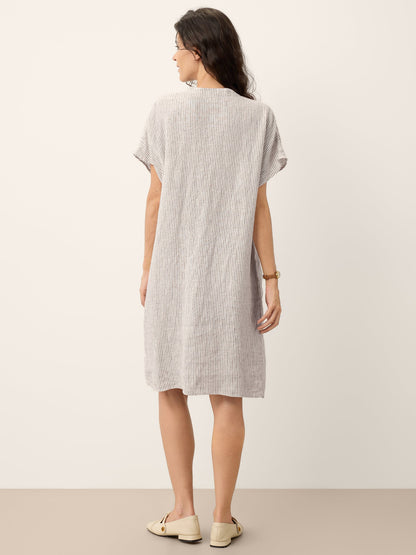 100% Linen Striped Ruffle Placket Shirt Dress GLORIA
