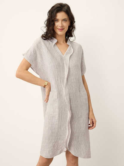 100% Linen Striped Ruffle Placket Shirt Dress GLORIA