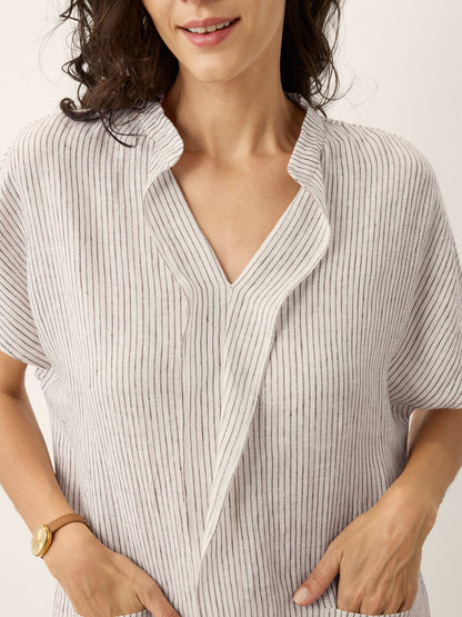 100% Linen Striped Ruffle Placket Shirt Dress GLORIA