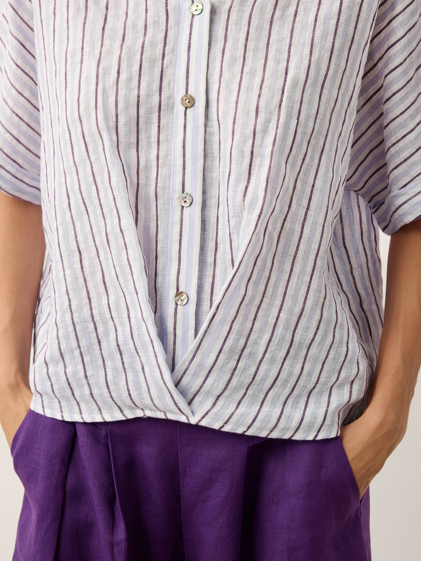 100% Linen Striped Surplice Cocoon Top CATHERINE